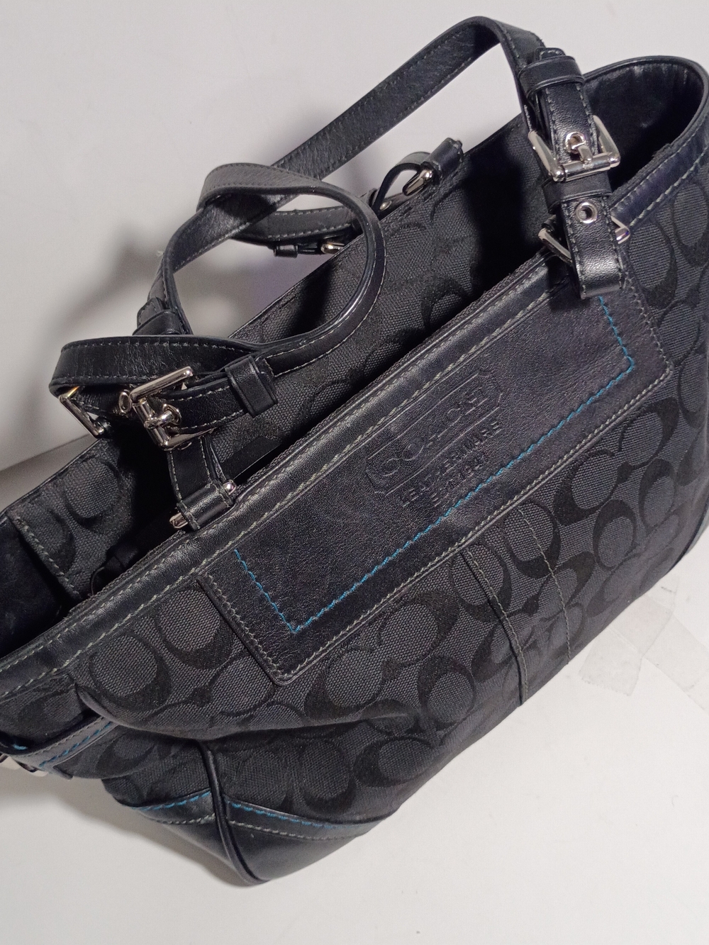 Coach Black Signature Canvas Tote with Leather Trim